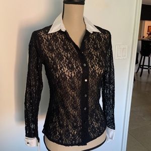 White collar black Lace button down